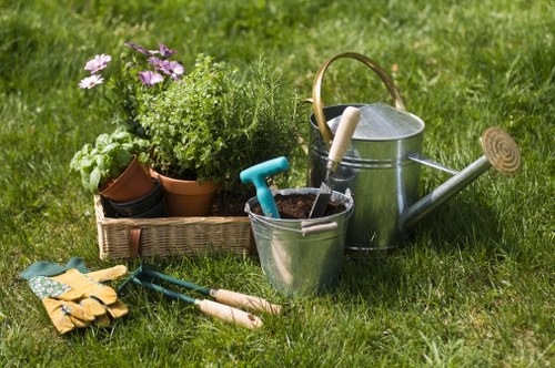 Insurance documents and certificate on a desk beside gardening tools